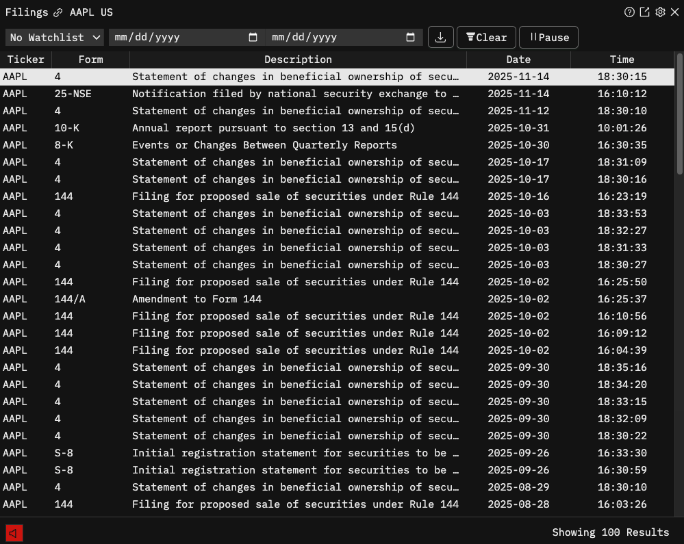 Godel Terminal filings viewer showing SEC filings for AAPL including Form 4, 10-K, 8-K, and other regulatory documents